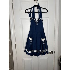 HELL BUNNY VIXEN Navy Sailor Nautical Skull Halter Dress Size L Retro